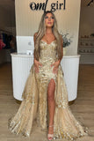 Charming Mermaid Sweetheart Gold Sequins Lace Prom Dresses with Slit