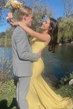 Daphne | Charming Mermaid V-Neck Daffodil Satin Long Prom Dress with Beading