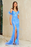 Selene | Elegant Light Blue Mermaid Satin Sweetheart Neck Prom Dress with Sequins and Slit JB120908