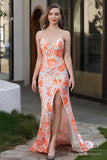 Selene | Elegant White Satin Mermaid Prom Dress with Orange Appliques and Slit JB121106