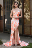 Selene | Elegant White Satin Mermaid Prom Dress with Orange Appliques and Slit JB121106