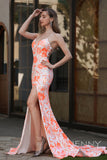 Selene | Elegant White Satin Mermaid Prom Dress with Orange Appliques and Slit JB121106