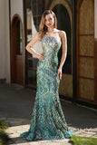 Emerald | Romantic Green Mermaid Sequin One-Shoulder Spaghetti Strap Prom Dress with Appliques JB121301