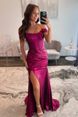 Viviana | Charming Mermaid Off-the-Shoulder Fuchsia Satin Long Prom Dress with Slit