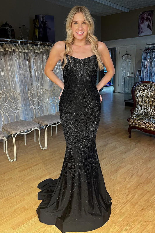 Elena | Charming Mermaid Scoop Neck Black Sparkly Prom Dress