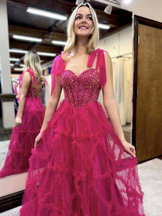 Elysia | Fairy A-Line Sweetheart Fuchsia Tiered Tulle Long Prom Dress with Appliques