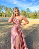 Shannon | One-Shoulder Satin Mermaid Prom Dress with High Slit