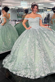 Dylan | Off-the-Shoulder Dusty Sage Quinceañera Dress with Appliques and Lace-Up Back
