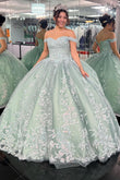 Dylan | Off-the-Shoulder Dusty Sage Quinceañera Dress with Appliques and Lace-Up Back