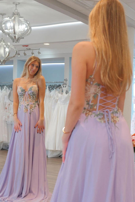 A-Line Lilac Strapless Tulle Long Prom Dresses with Appliques