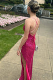 Serena | Charming Mermaid V-Neck Fuchsia Sequin Long Prom Evening Dress with Slit