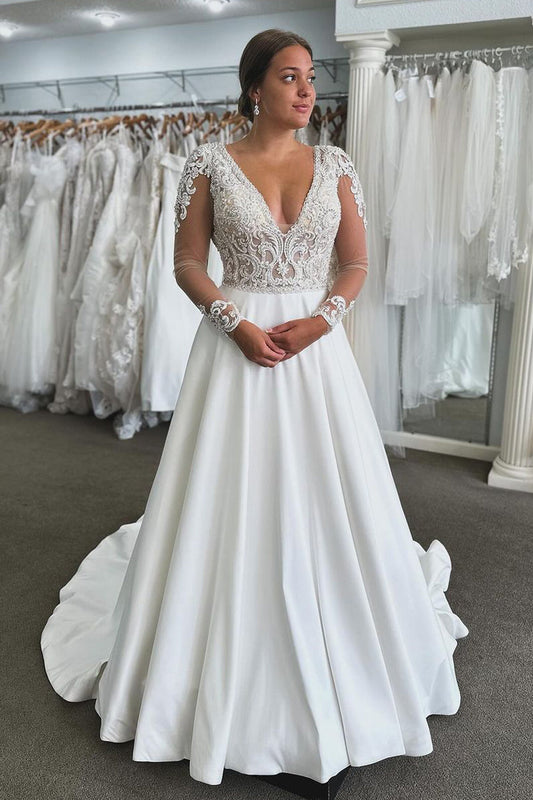 Elysia | Ball Gown A-Line V-Neck Satin Long Wedding Dress with Long Sleeves