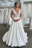 Elysia | Ball Gown A-Line V-Neck Satin Long Wedding Dress with Long Sleeves