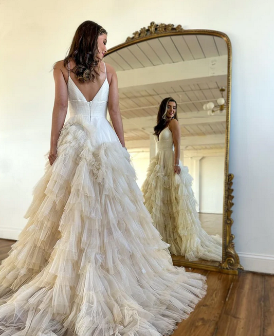 White A-Line Tulle Prom Dress with Plunge V-Neck and Tiered Skirt