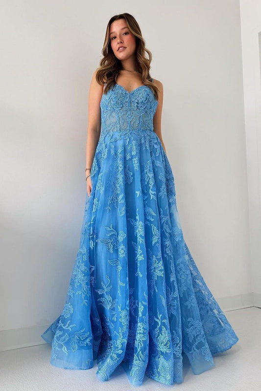 Blue Spaghetti Straps Tulle Appliques Long Prom Dresses