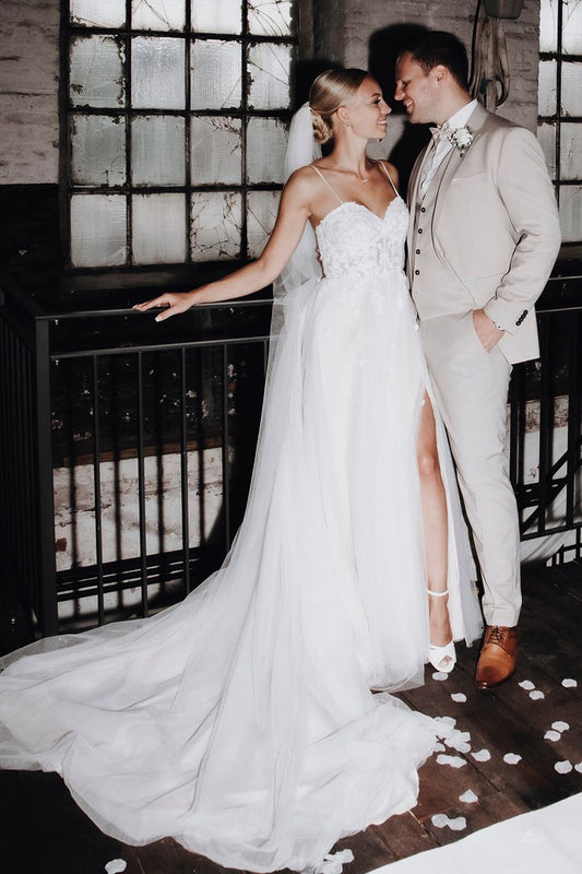 Fairy | A-Line V-Neck Tulle Beach Wedding Dress with Appliques