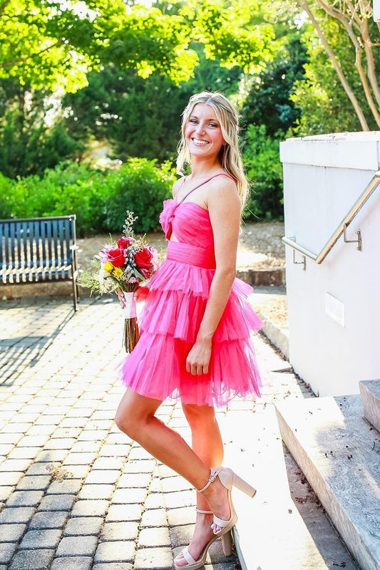 Pink Tulle A-Line Straps Short Homecoming Dress