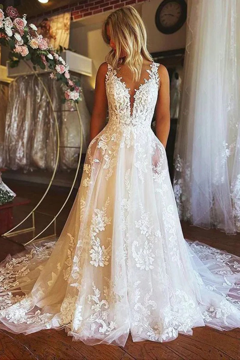 Elegant A-Line V-neck Tulle Wedding Dress with Lace JB112105