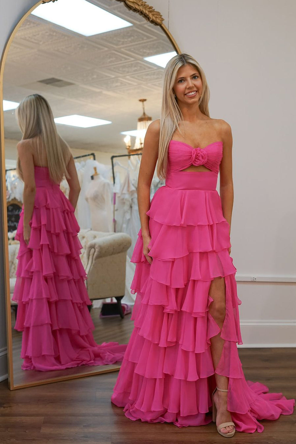 Cute A Line Sweetheart Pink Chiffon Tiered Long Prom Dresses with Slit