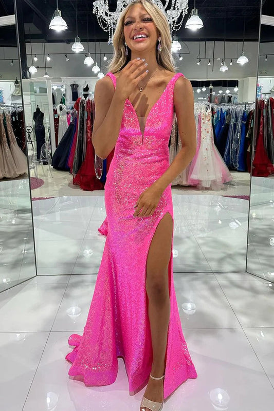 Charming Mermaid V-Neck Pink Sequins Long Prom Dress with Slit