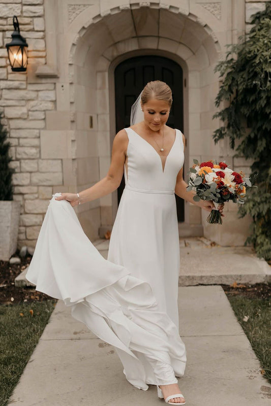 Isabella | Simple Sheath V-Neck Elastic Satin Long Wedding Dress