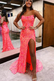 Charming Mermaid Strapless Coral Sequins Lace Long Prom Dress with Slit