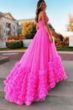 Rachael | Pink Long Prom Dress with Sweetheart Neckline and Tiered Tulle Skirt