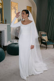 Elegant Mermaid Scoop Neck Satin Long Bridal Dresses with Sleeves