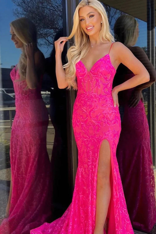 Seraphina | Elegant Hot Pink Mermaid Stretch Satin Illusion Neck Prom Dress with Slit JB120308