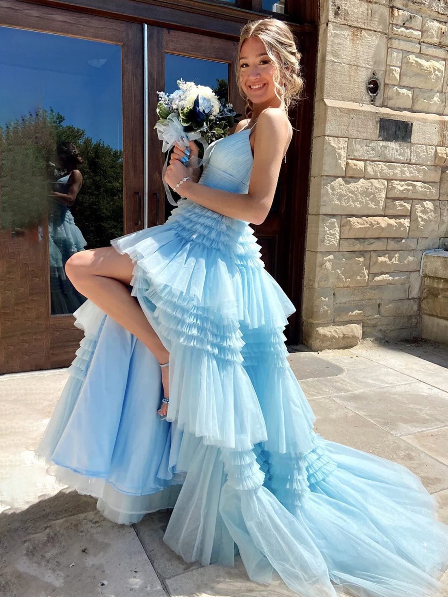 Amanda | Tiered Tulle A-Line Prom Dress with Spaghetti Straps and Slit