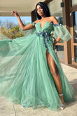 Whitley | Enchanting Green Tulle 3D Floral Lace Off-the-Shoulder A-Line Long Prom Dress