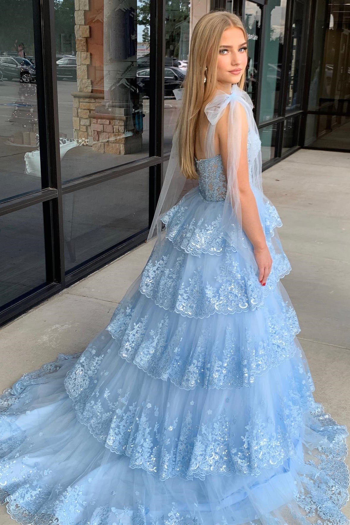 Thelma | Light Blue Tulle Ruffle Tiered Long Prom Dress with Appliques and Tying Straps