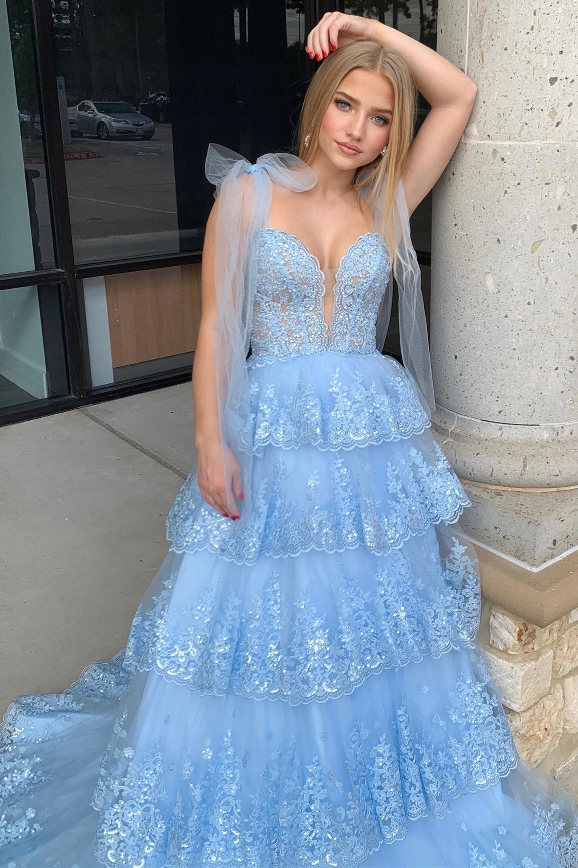 Thelma | Light Blue Tulle Ruffle Tiered Long Prom Dress with Appliques and Tying Straps