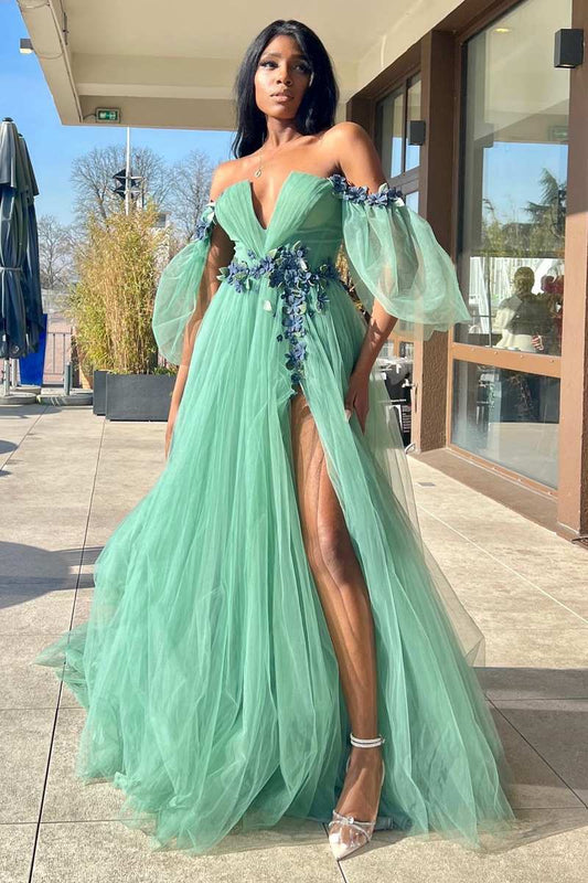 Whitley | Enchanting Green Tulle 3D Floral Lace Off-the-Shoulder A-Line Long Prom Dress