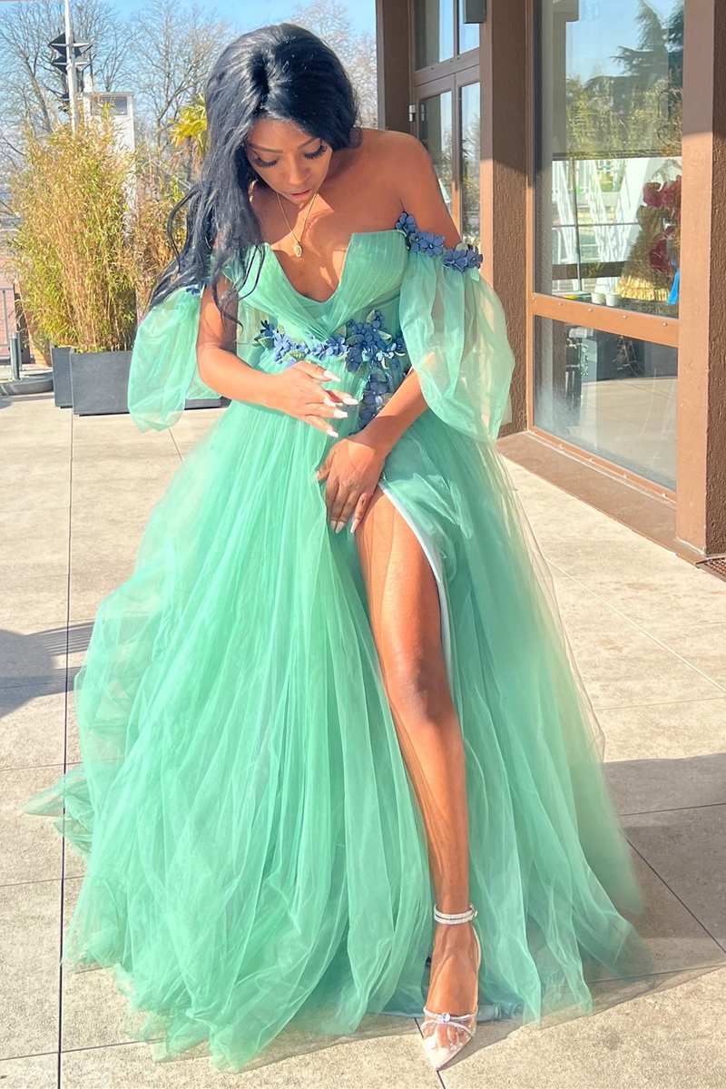 Whitley | Enchanting Green Tulle 3D Floral Lace Off-the-Shoulder A-Line Long Prom Dress