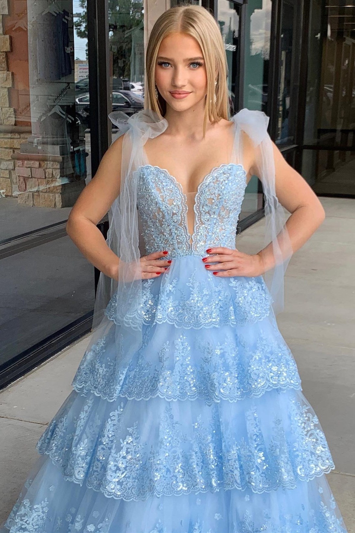 Thelma | Light Blue Tulle Ruffle Tiered Long Prom Dress with Appliques and Tying Straps