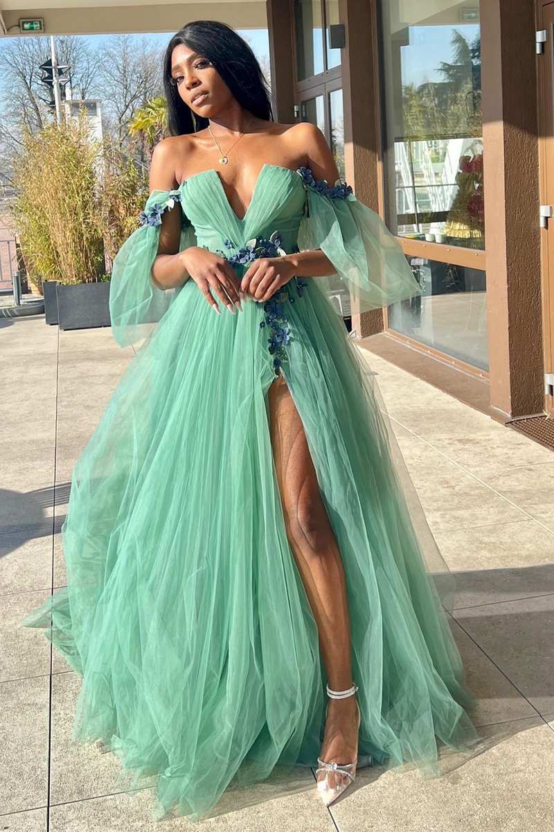 Whitley | Enchanting Green Tulle 3D Floral Lace Off-the-Shoulder A-Line Long Prom Dress