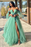 Whitley | Enchanting Green Tulle 3D Floral Lace Off-the-Shoulder A-Line Long Prom Dress