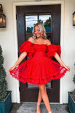 Charming A-Line Red Tulle Short Homecoming Dress with Detachable Sleeves