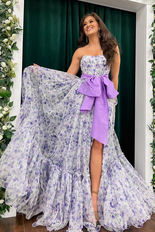 Chic Floral Printed Chiffon Strapless Long Prom Dress with Slit