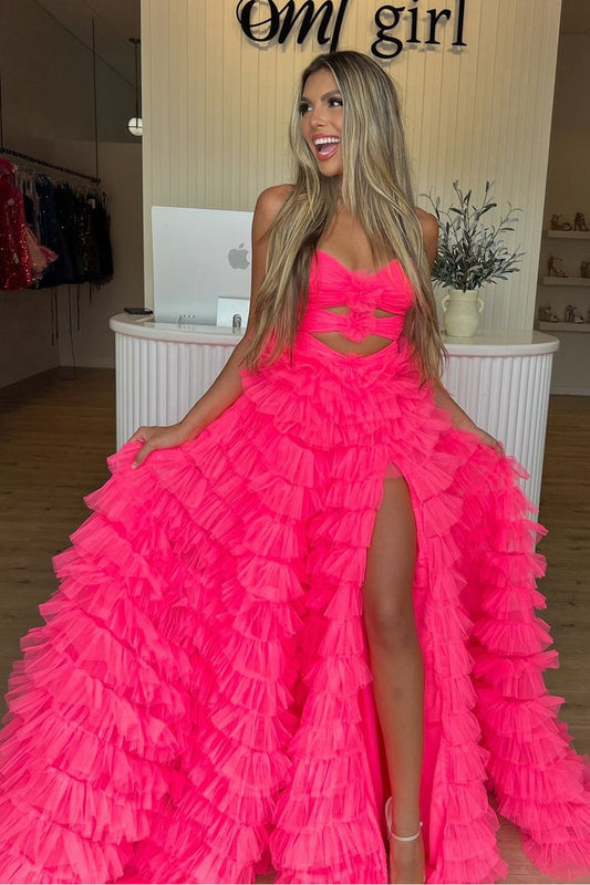 Isabella | Cute A-Line Sweetheart Pink Tulle Long Prom Dress with Slit