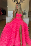 Isabella | Cute A-Line Sweetheart Pink Tulle Long Prom Dress with Slit