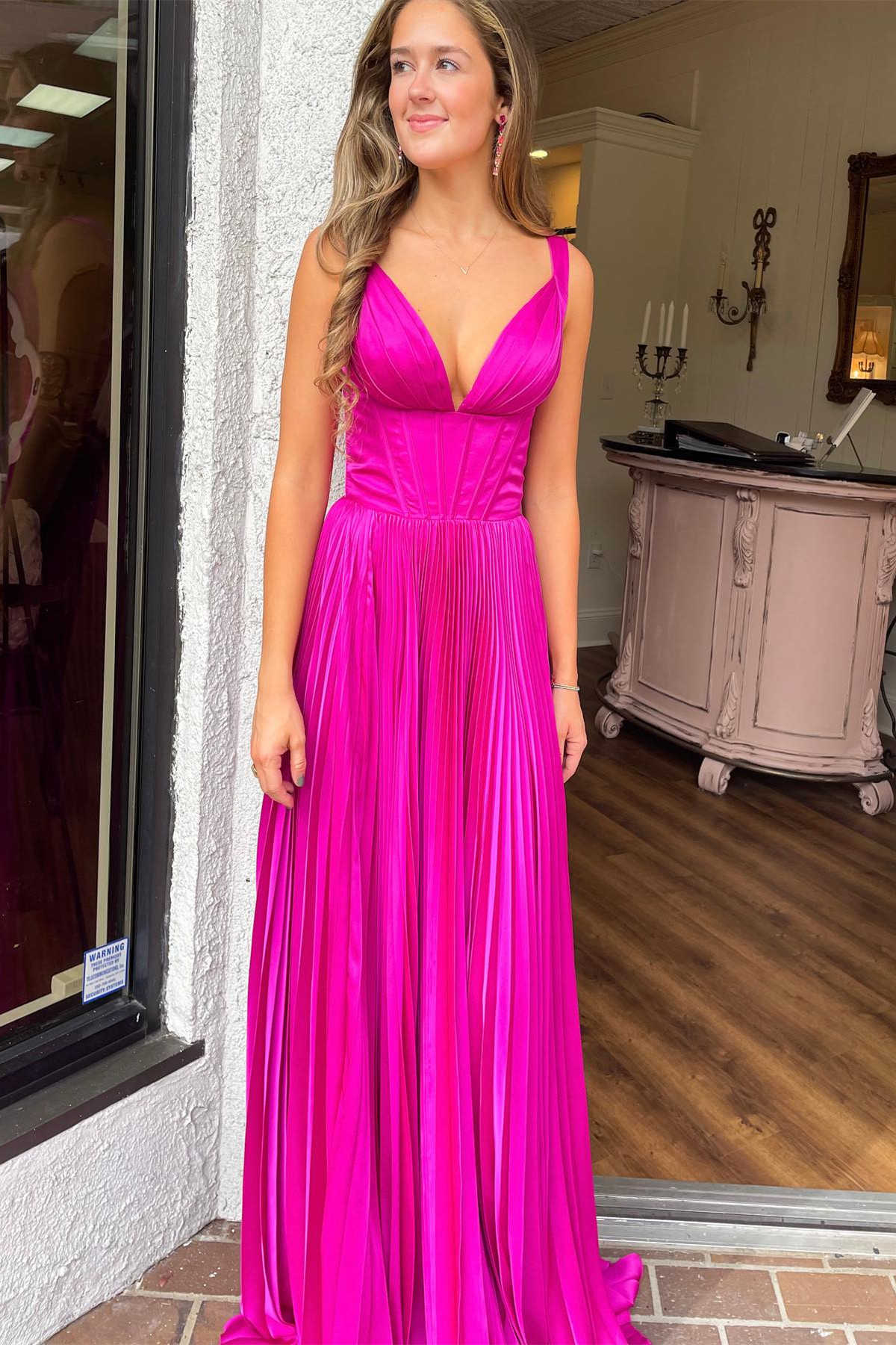 Luella | Fuchsia V-Neck A-Line Pleated Long Prom Dress