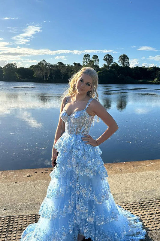 Aurora | Gorgeous A-Line Off-the-Shoulder Light Blue Tiered Tulle Prom Dress