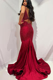 Elegant Mermaid V-Neck Red Satin Long Prom Dress with Beading