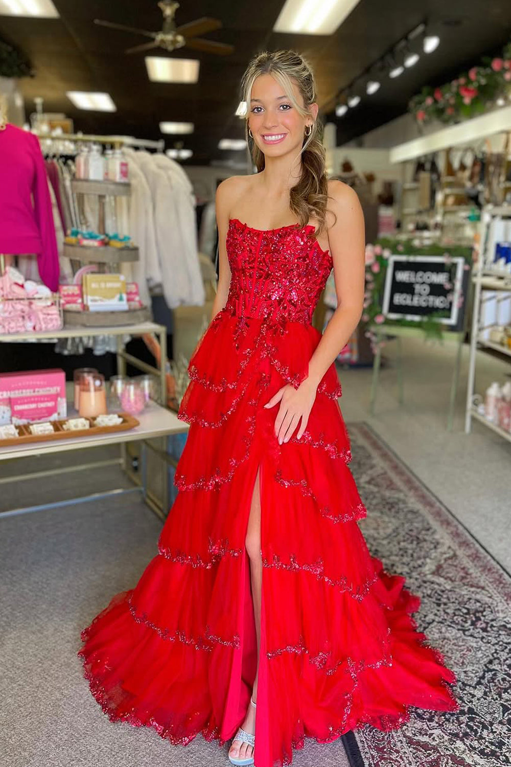 Charm | Cute A-Line Scoop Neck Red Tulle Tiered Prom Dress with Beading