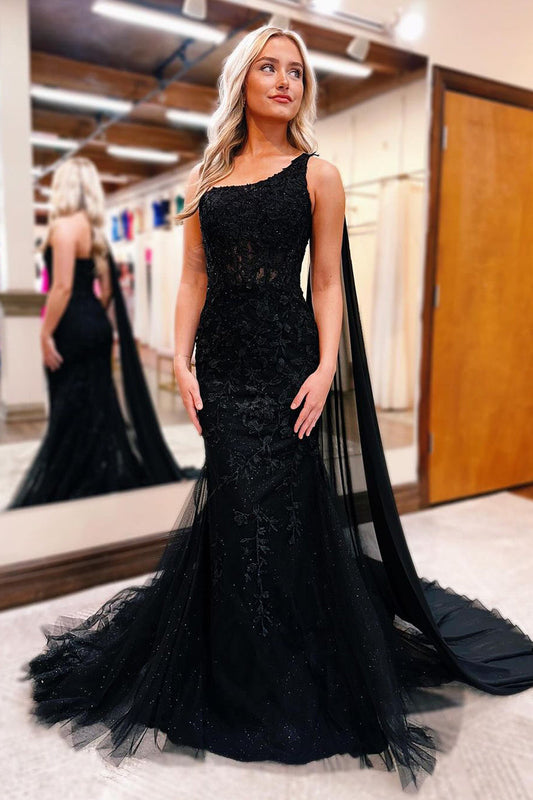 Black One-Shoulder Appliqué Mermaid Long Prom Dress