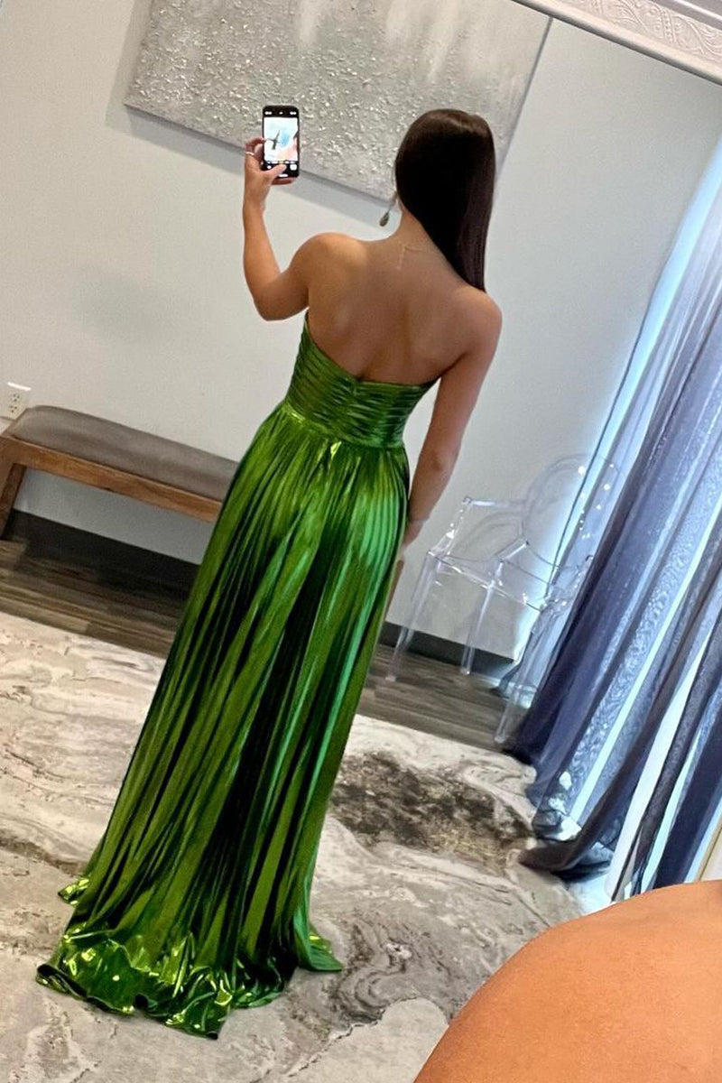 Oakley | Strapless A-Line Long Prom Dress in Green Metallic with Pleats