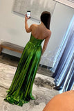 Cute A Line Green Metallic Satin Pleated Prom Dresses with Slit