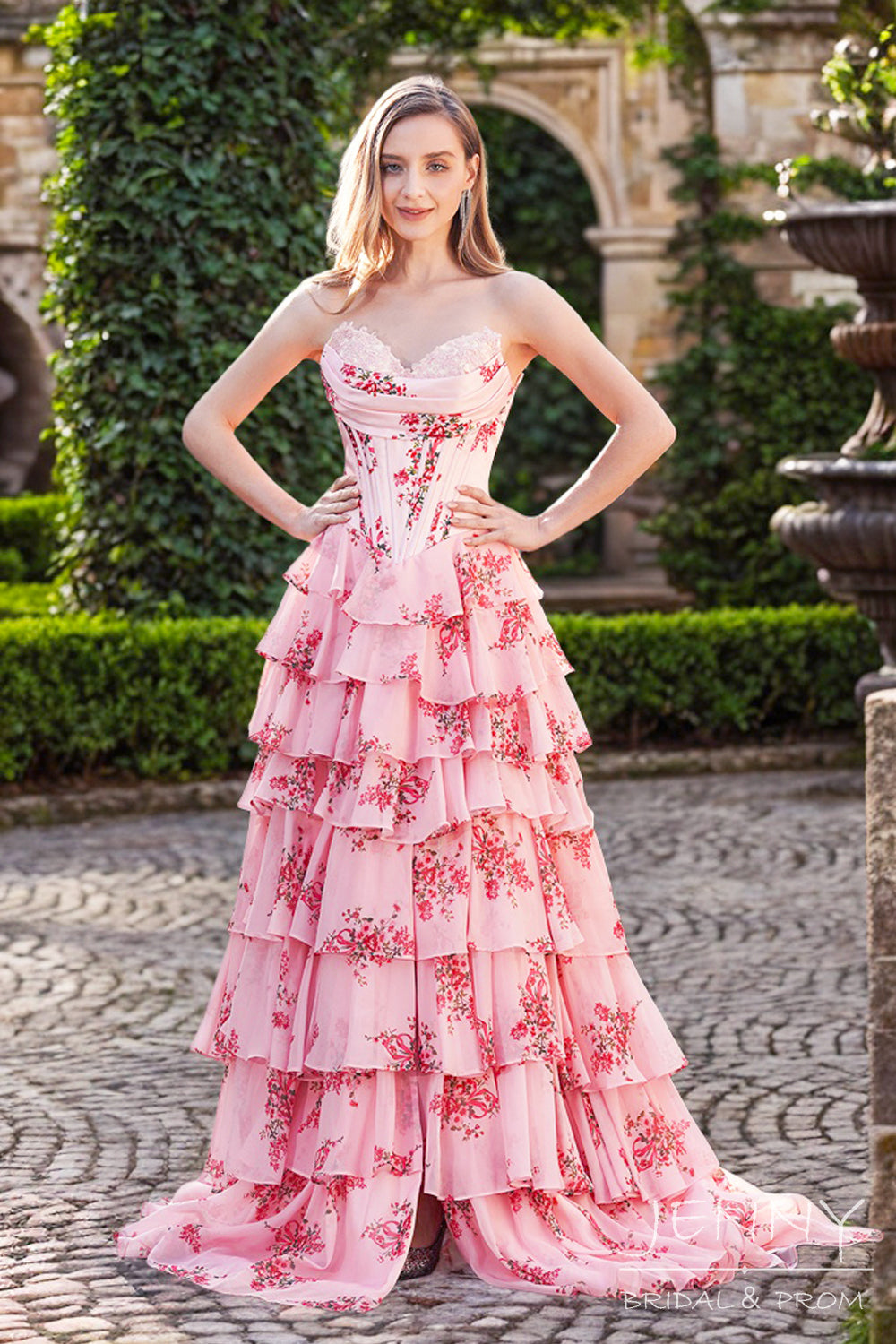 Juliette | Romantic Flesh Pink Sweetheart Neck A-Line Tiered Chiffon Prom Dress with Slit JB24123003